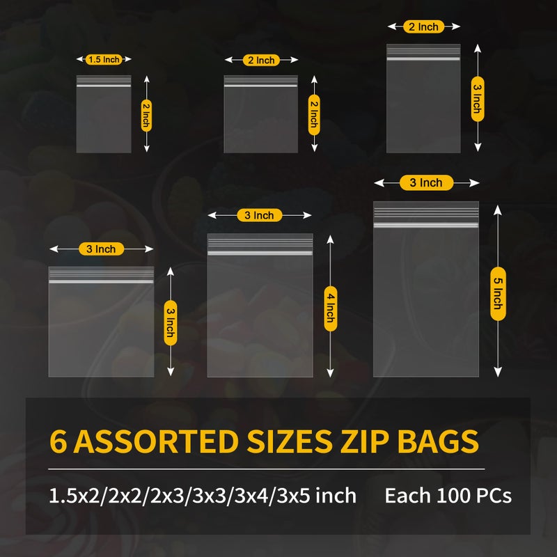 Bonison 600 Pack Mini Zipper Lock Plastic Bags, Assorted Sizes (1.5x2, 2x2, 2x3, 3x3, 3x4, 3x5 Inch) â€“ Clear, Resealable Storage Bags for Jewelry, Beads, Pills, Toys, Snacks â€“ 2 Mil Thick - Image 2